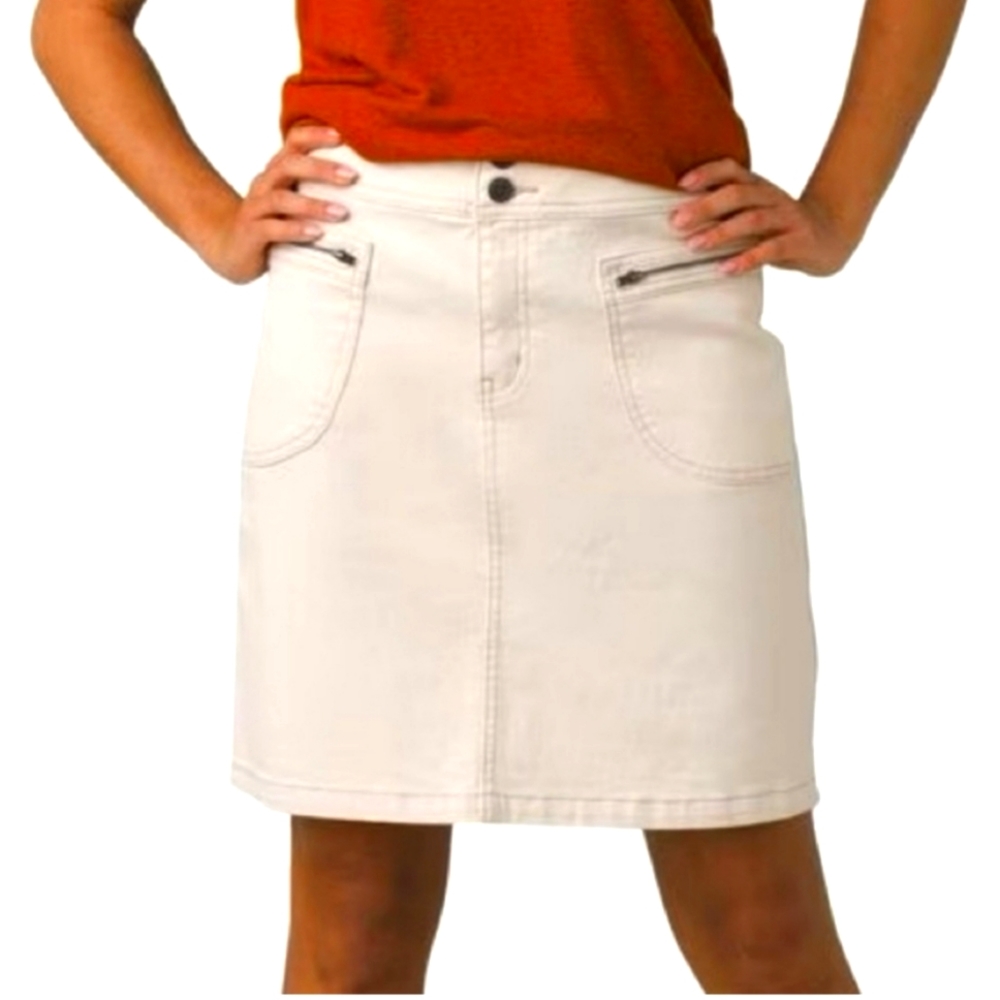 NWT Prana Broadway Mini Skirt Stretch Denim Natural Cream Zip Pockets 12